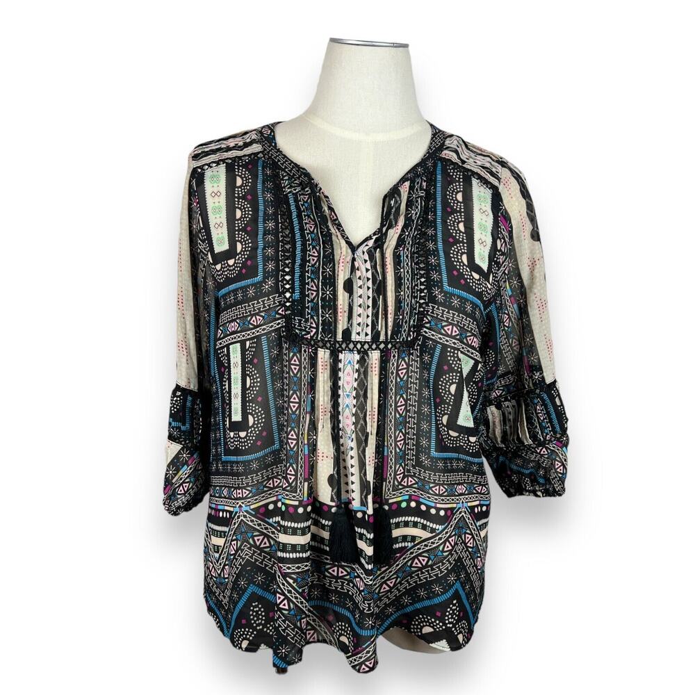 Democracy Sheer Black Blue Boho Print Chiffon Tassel Western Blouse 1X